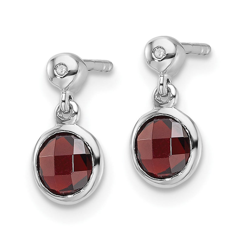 Sterling Silver Rhodium Plated White Ice Diamond and Garnet Post Earrings