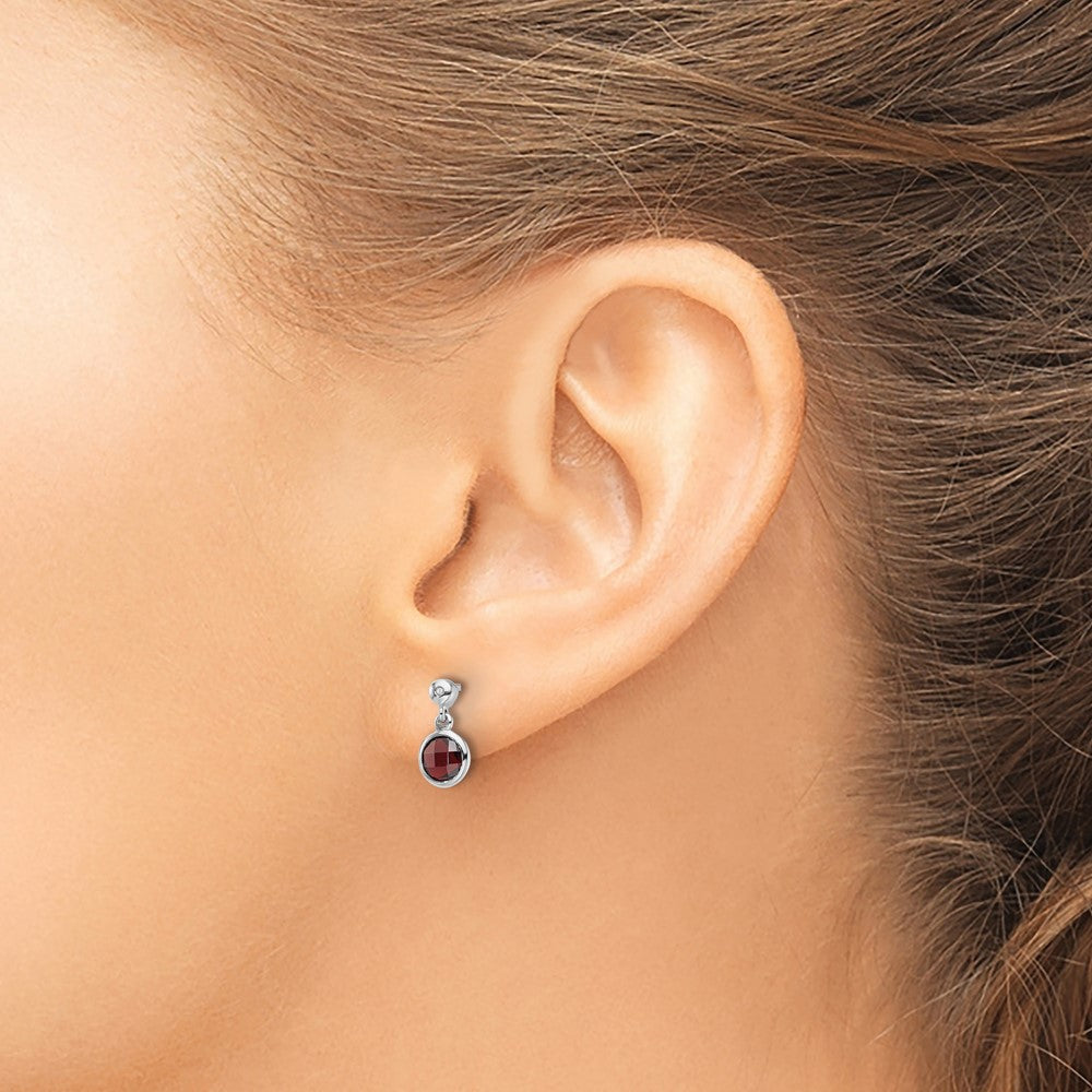 Sterling Silver Rhodium Plated White Ice Diamond and Garnet Post Earrings