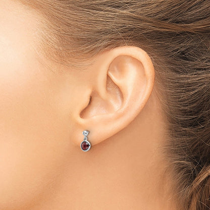 Sterling Silver Rhodium Plated White Ice Diamond and Garnet Post Earrings
