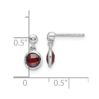 Sterling Silver Rhodium Plated White Ice Diamond and Garnet Post Earrings