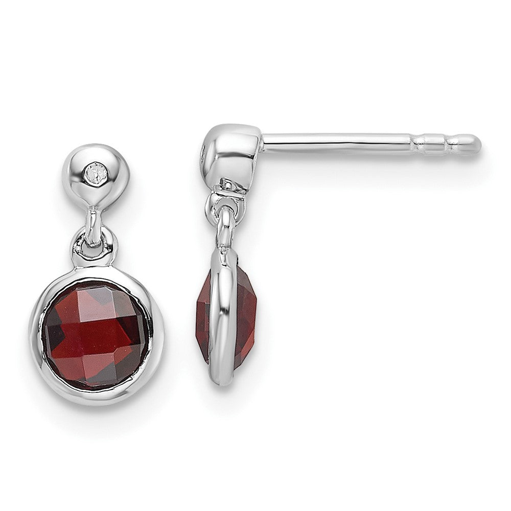 Sterling Silver Rhodium Plated White Ice Diamond and Garnet Post Earrings
