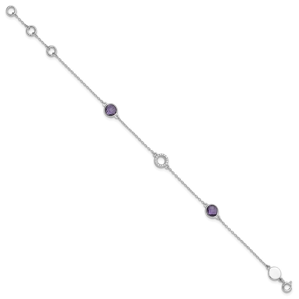 Sterling Silver Rhodium Plated White Ice Diamond & Amethyst w/1IN Ext. Bracelet