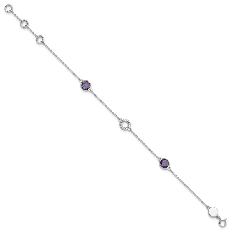Sterling Silver Rhodium Plated White Ice Diamond & Amethyst w/1IN Ext. Bracelet