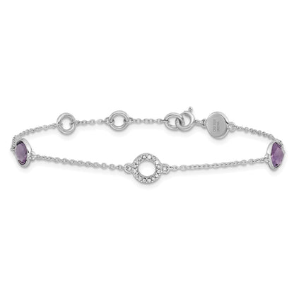 Sterling Silver Rhodium Plated White Ice Diamond & Amethyst w/1IN Ext. Bracelet
