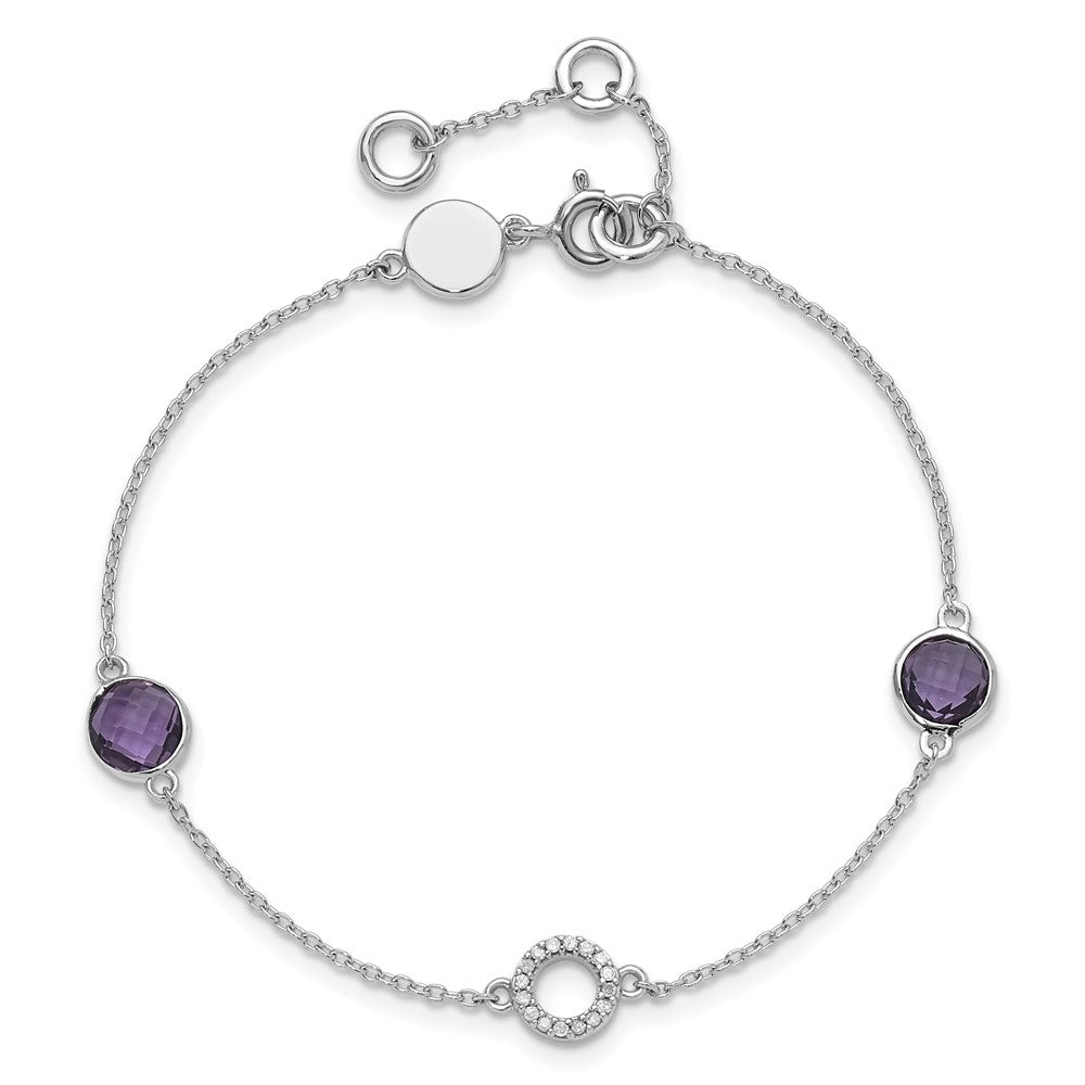Sterling Silver Rhodium Plated White Ice Diamond & Amethyst w/1IN Ext. Bracelet
