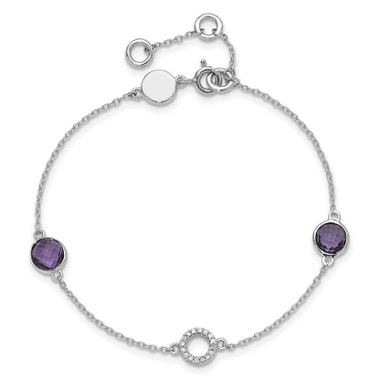 Sterling Silver Rhodium Plated White Ice Diamond & Amethyst w/1IN Ext. Bracelet