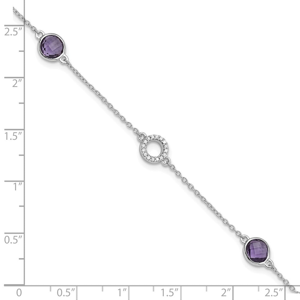 Sterling Silver Rhodium Plated White Ice Diamond & Amethyst w/1IN Ext. Bracelet