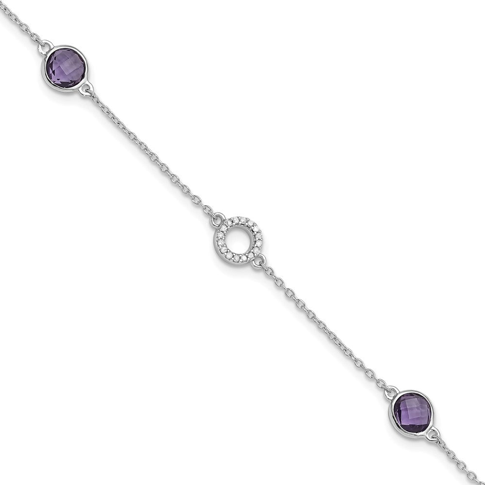 Sterling Silver Rhodium Plated White Ice Diamond & Amethyst w/1IN Ext. Bracelet