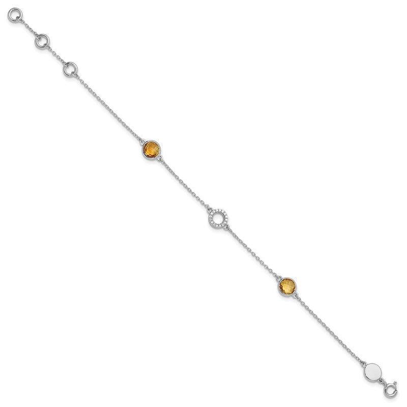 Sterling Silver Rhodium Plated White Ice Diamond & Citrine 1IN Ext. Bracelet