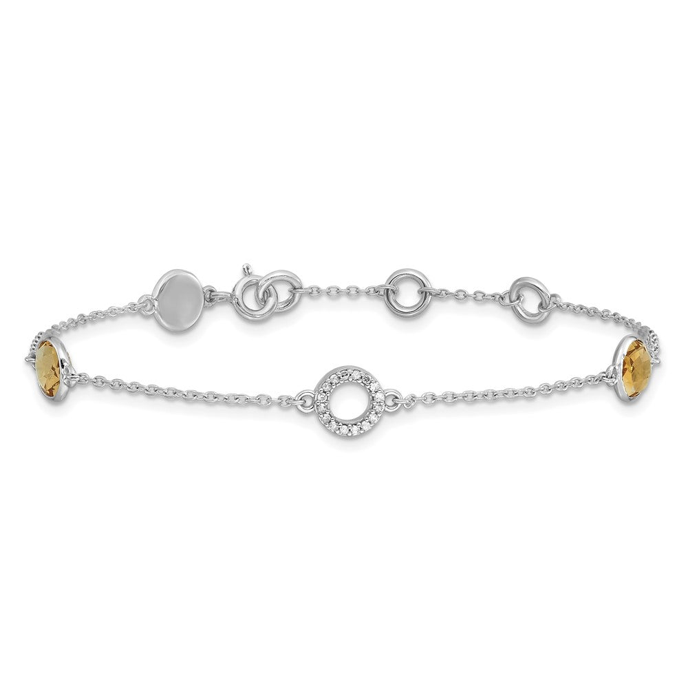 Sterling Silver Rhodium Plated White Ice Diamond & Citrine 1IN Ext. Bracelet