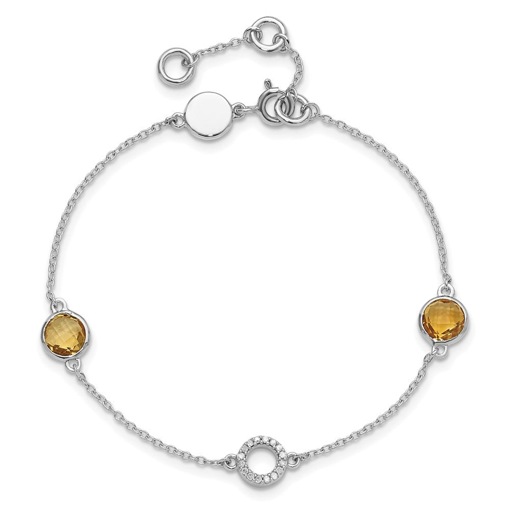 Sterling Silver Rhodium Plated White Ice Diamond & Citrine 1IN Ext. Bracelet