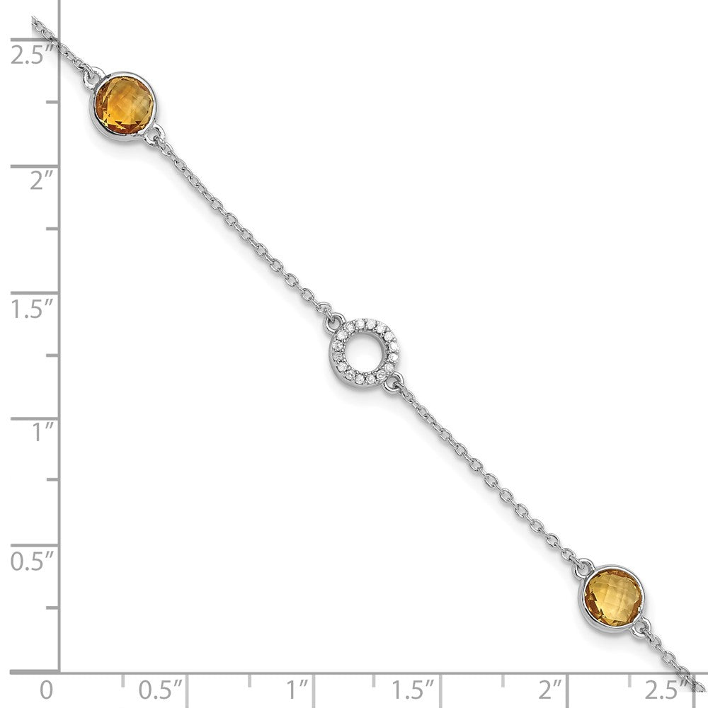 Sterling Silver Rhodium Plated White Ice Diamond & Citrine 1IN Ext. Bracelet