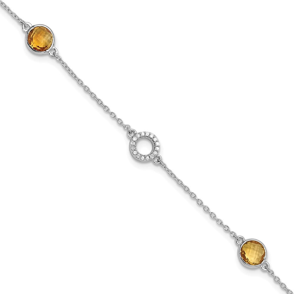 Sterling Silver Rhodium Plated White Ice Diamond & Citrine 1IN Ext. Bracelet