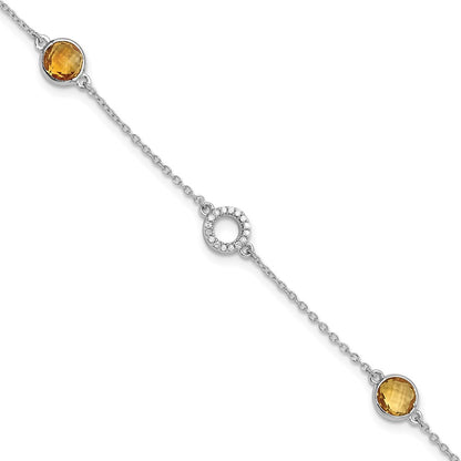 Sterling Silver Rhodium Plated White Ice Diamond & Citrine 1IN Ext. Bracelet