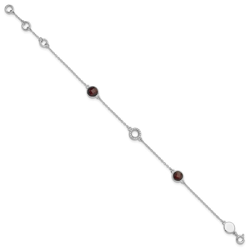 Sterling Silver Rhodium Plated White Ice Diamond & Garnet w/1IN Ext. Bracelet