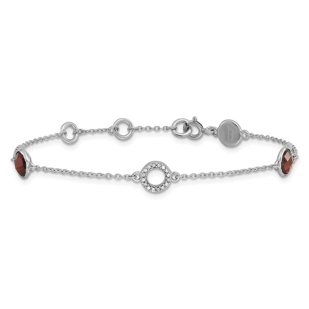 Sterling Silver Rhodium Plated White Ice Diamond & Garnet w/1IN Ext. Bracelet