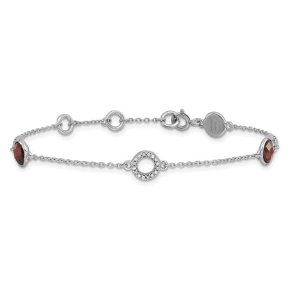 Sterling Silver Rhodium Plated White Ice Diamond & Garnet w/1IN Ext. Bracelet