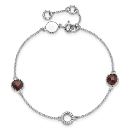 Sterling Silver Rhodium Plated White Ice Diamond & Garnet w/1IN Ext. Bracelet