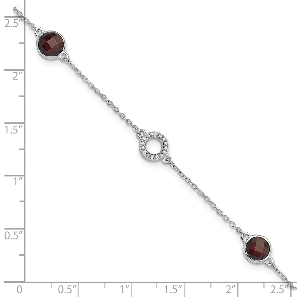 Sterling Silver Rhodium Plated White Ice Diamond & Garnet w/1IN Ext. Bracelet