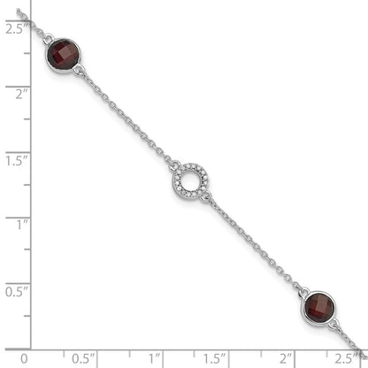 Sterling Silver Rhodium Plated White Ice Diamond & Garnet w/1IN Ext. Bracelet
