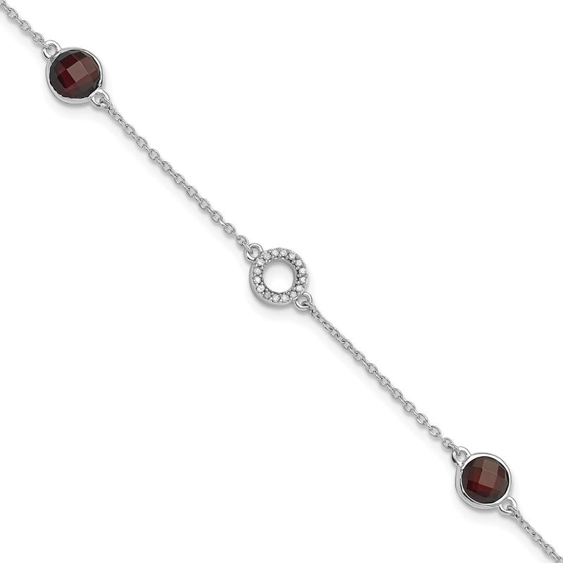 Sterling Silver Rhodium Plated White Ice Diamond & Garnet w/1IN Ext. Bracelet