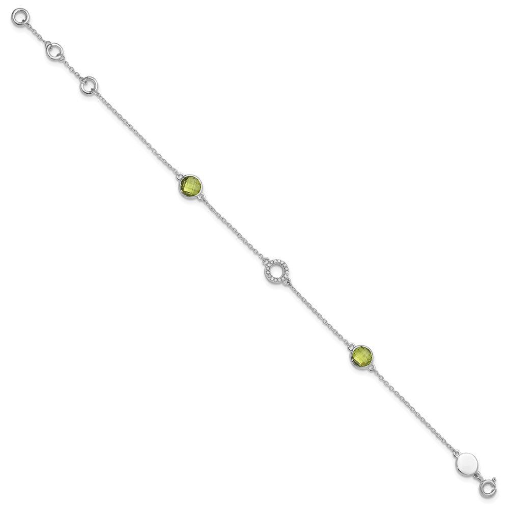 Sterling Silver Rhodium Plated White Ice Diamond & Peridot w/1IN Ext. Bracelet