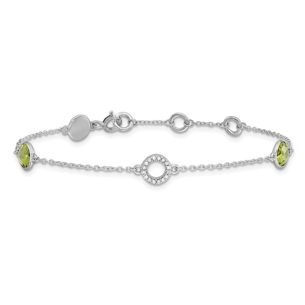 Sterling Silver Rhodium Plated White Ice Diamond & Peridot w/1IN Ext. Bracelet