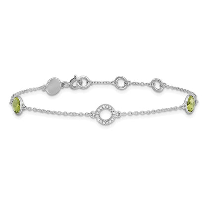 Sterling Silver Rhodium Plated White Ice Diamond & Peridot w/1IN Ext. Bracelet