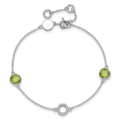 Sterling Silver Rhodium Plated White Ice Diamond & Peridot w/1IN Ext. Bracelet