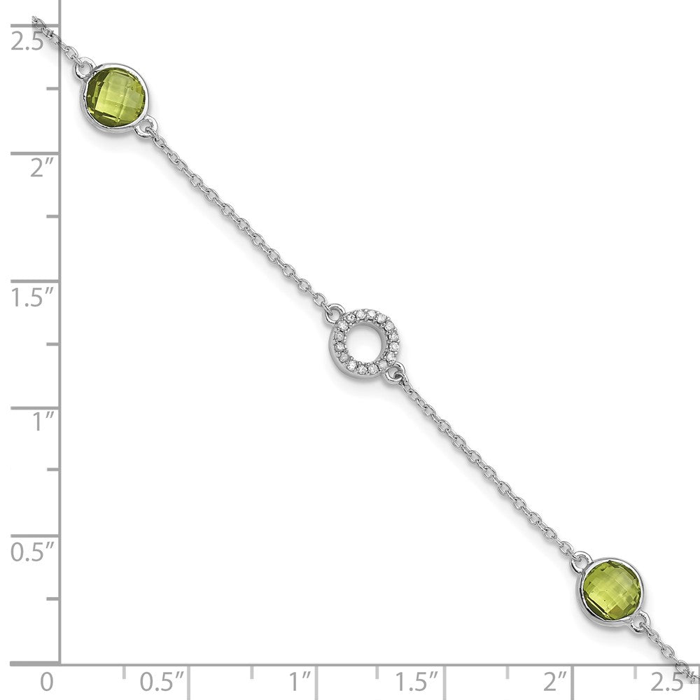 Sterling Silver Rhodium Plated White Ice Diamond & Peridot w/1IN Ext. Bracelet