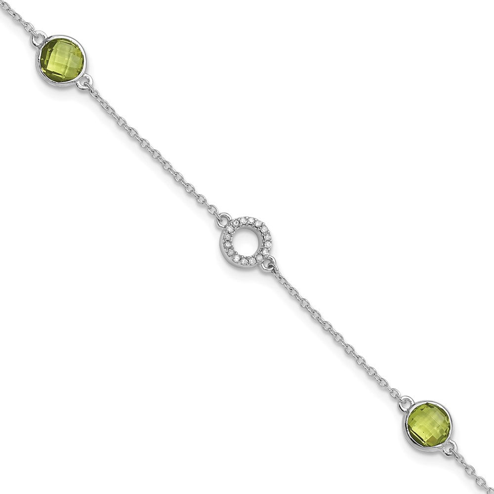Sterling Silver Rhodium Plated White Ice Diamond & Peridot w/1IN Ext. Bracelet