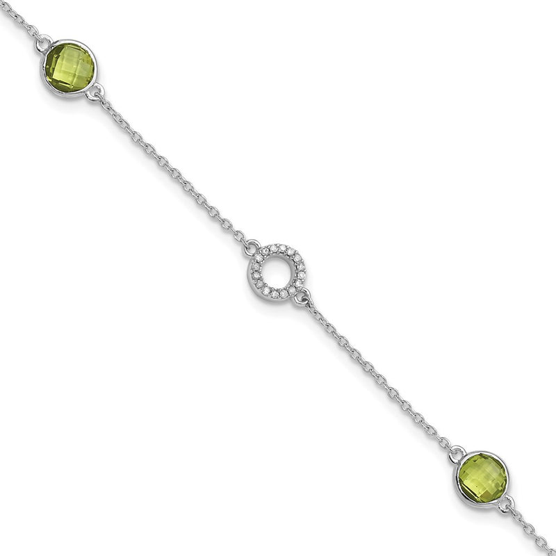 Sterling Silver Rhodium Plated White Ice Diamond & Peridot w/1IN Ext. Bracelet
