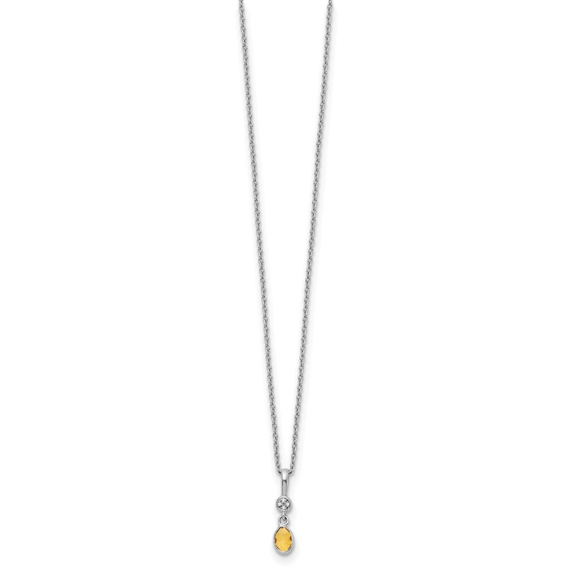 Sterling Silver Rhodium Plated White Ice .02ct. Dia. & Citrine w/2IN Ext Necklac