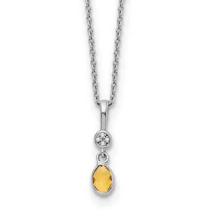 Sterling Silver Rhodium Plated White Ice .02ct. Dia. & Citrine w/2IN Ext Necklac