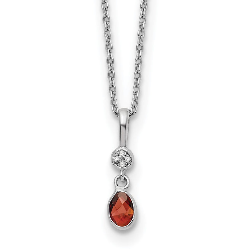 Sterling Silver Rhodium Plated White Ice .02ct. Dia. & Garnet w/2IN Ext Necklace