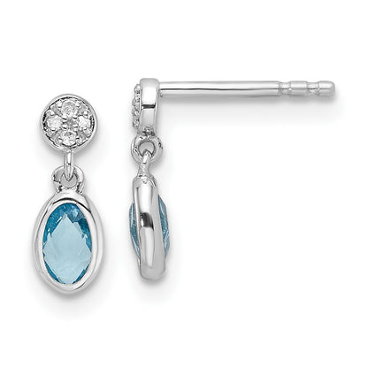 Sterling Silver Rhodium Plated White Ice .02ct. Dia. and Blue Topaz Post Earrings