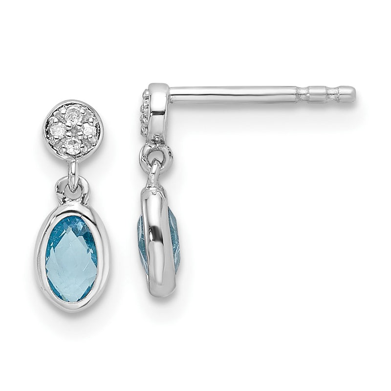 Sterling Silver Rhodium Plated White Ice .02ct. Dia. and Blue Topaz Post Earrings