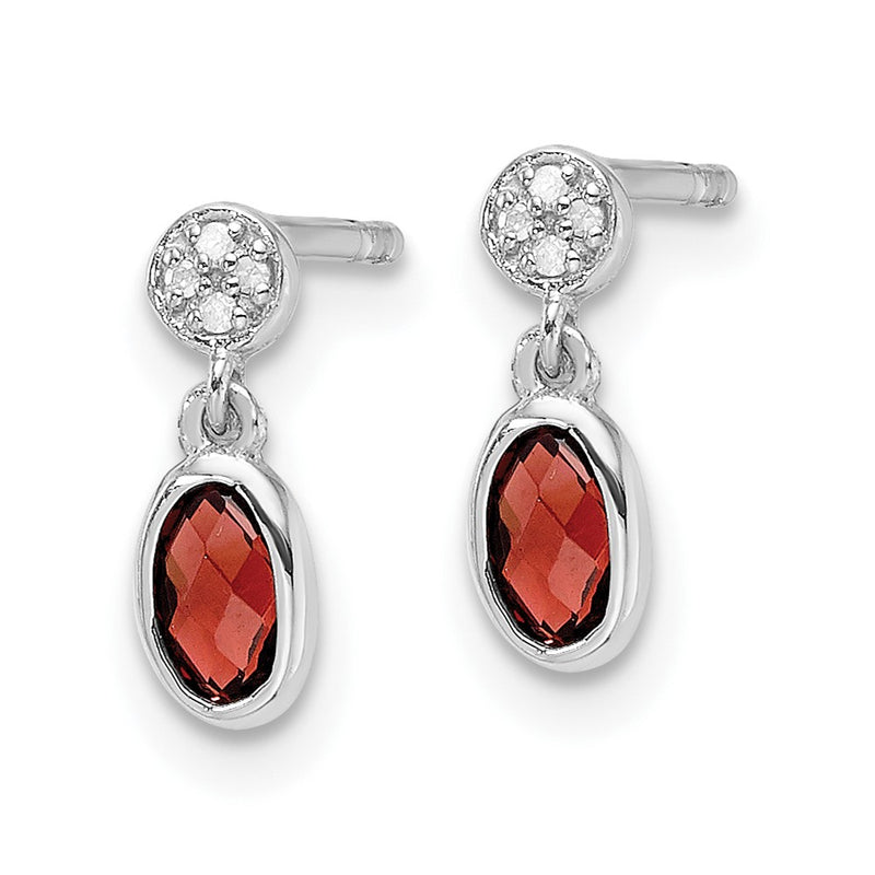 Sterling Silver Rhodium Plated White Ice .02ct. Diamond and Garnet Post Earrings