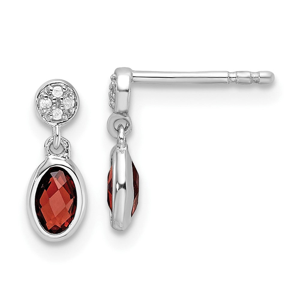 Sterling Silver Rhodium Plated White Ice .02ct. Diamond and Garnet Post Earrings