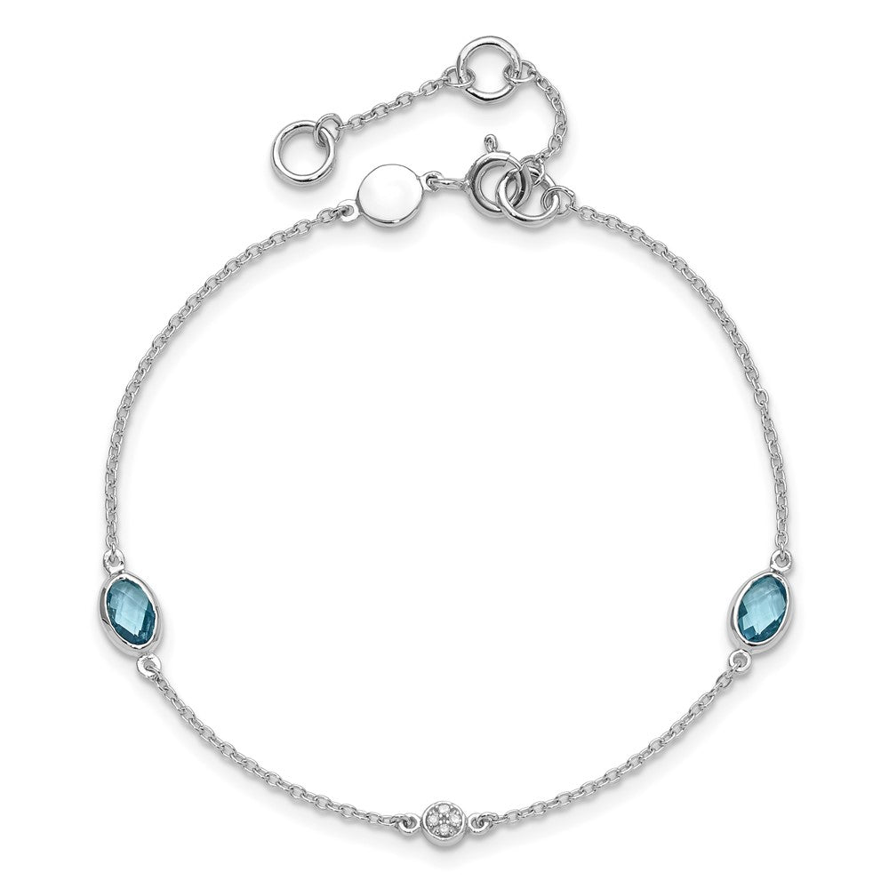 Sterling Silver Rhodium Plated White Ice Diamond and Blue Topaz with 1.25 in Ext Bracelet