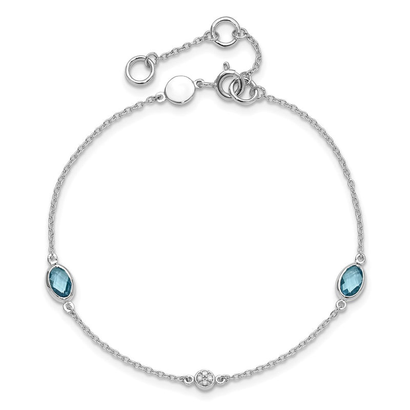 Sterling Silver Rhodium Plated White Ice Diamond and Blue Topaz with 1.25 in Ext Bracelet