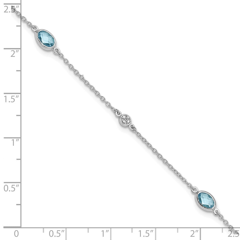 Sterling Silver Rhodium Plated White Ice Diamond and Blue Topaz with 1.25 in Ext Bracelet