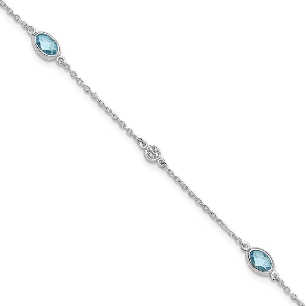 Sterling Silver Rhodium Plated White Ice Diamond and Blue Topaz with 1.25 in Ext Bracelet