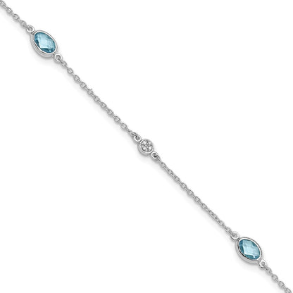 Sterling Silver Rhodium Plated White Ice Diamond and Blue Topaz with 1.25 in Ext Bracelet