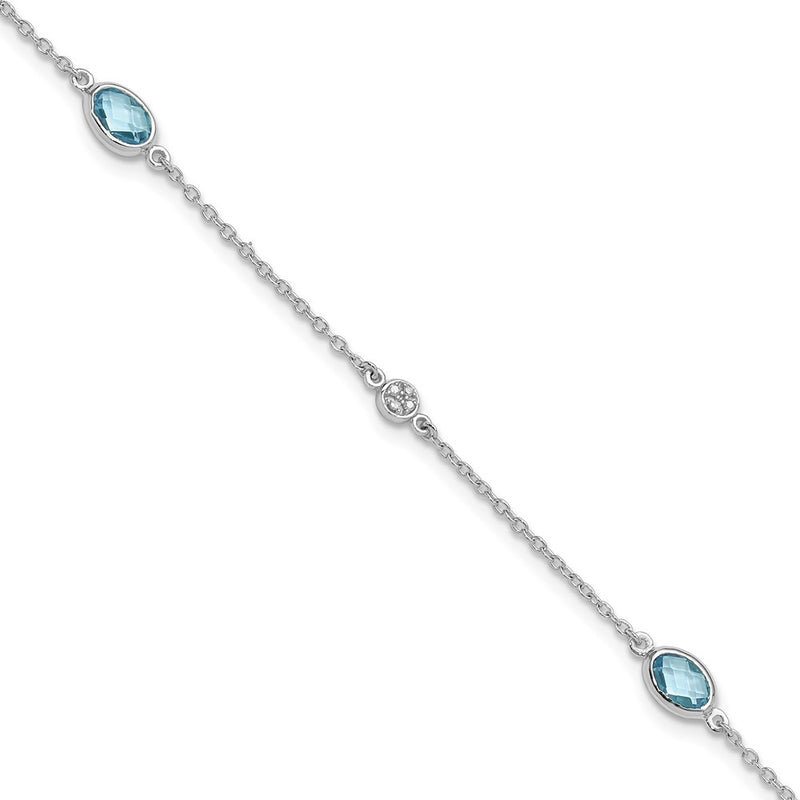 Sterling Silver Rhodium Plated White Ice Diamond and Blue Topaz with 1.25 in Ext Bracelet