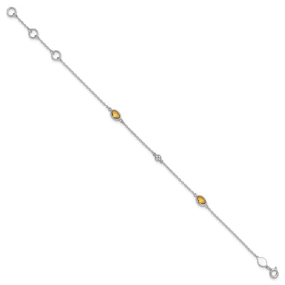 Sterling Silver Rhodium Plated White Ice Diamond and Citrine with 1.25 in Ext Bracelet