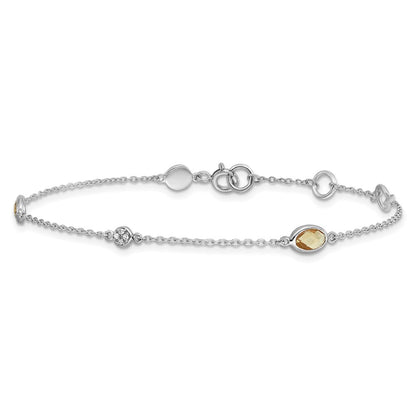 Sterling Silver Rhodium Plated White Ice Diamond and Citrine with 1.25 in Ext Bracelet