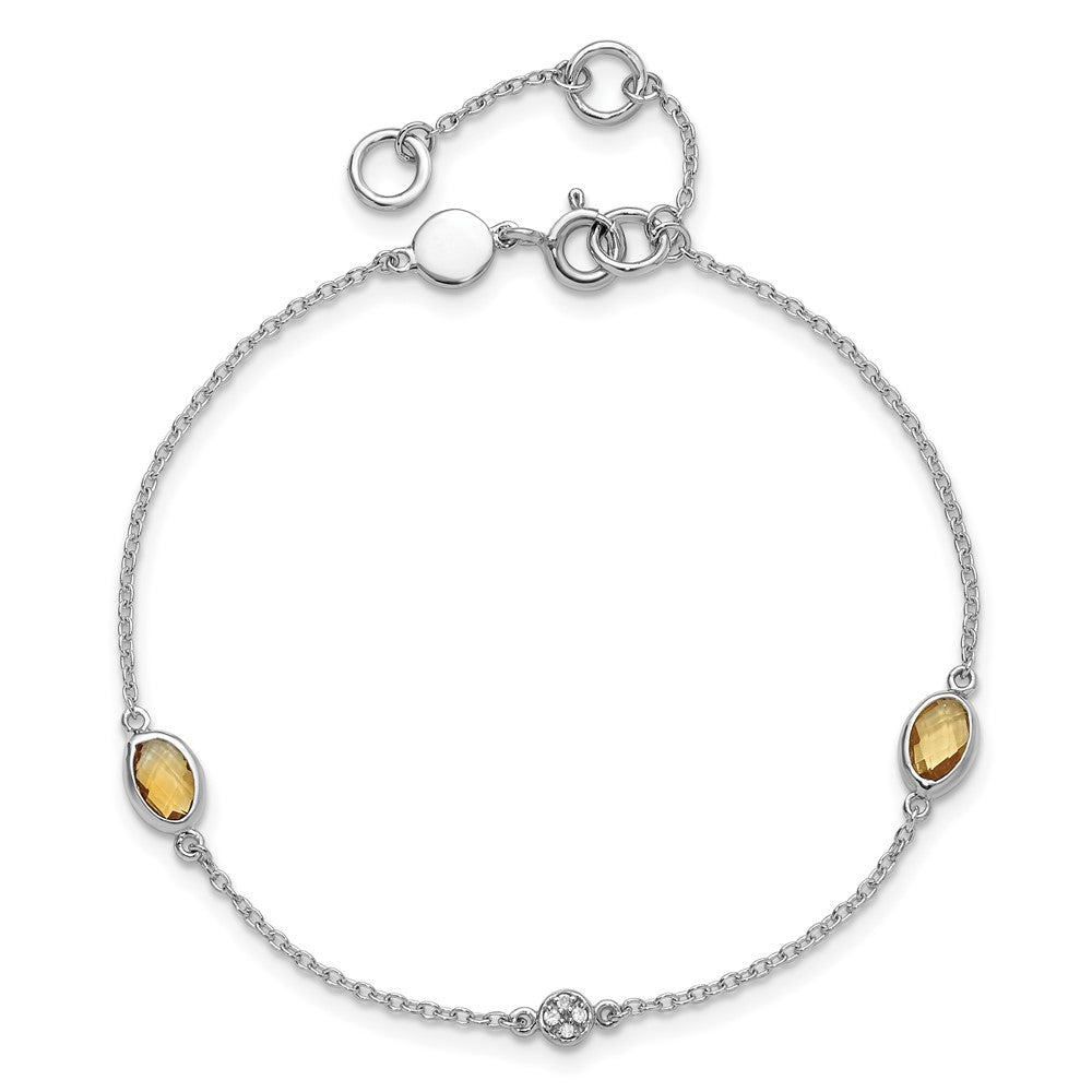Sterling Silver Rhodium Plated White Ice Diamond and Citrine with 1.25 in Ext Bracelet