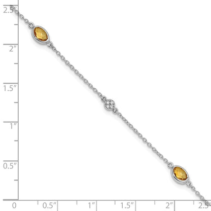 Sterling Silver Rhodium Plated White Ice Diamond and Citrine with 1.25 in Ext Bracelet