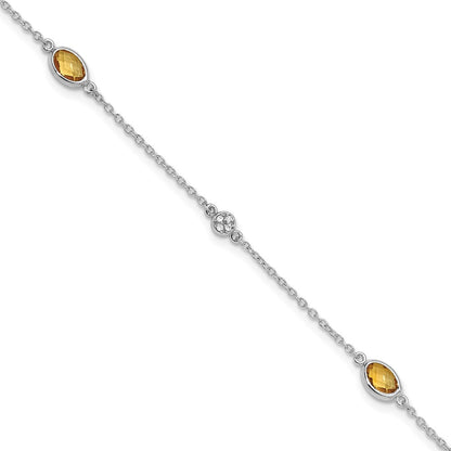 Sterling Silver Rhodium Plated White Ice Diamond and Citrine with 1.25 in Ext Bracelet